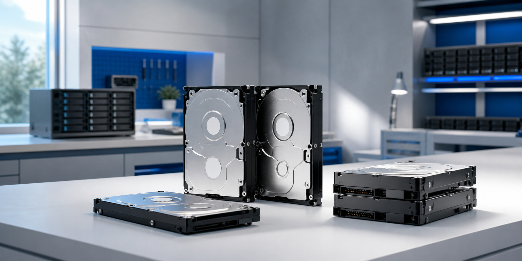 Generic hard drives in a clean technical workspace